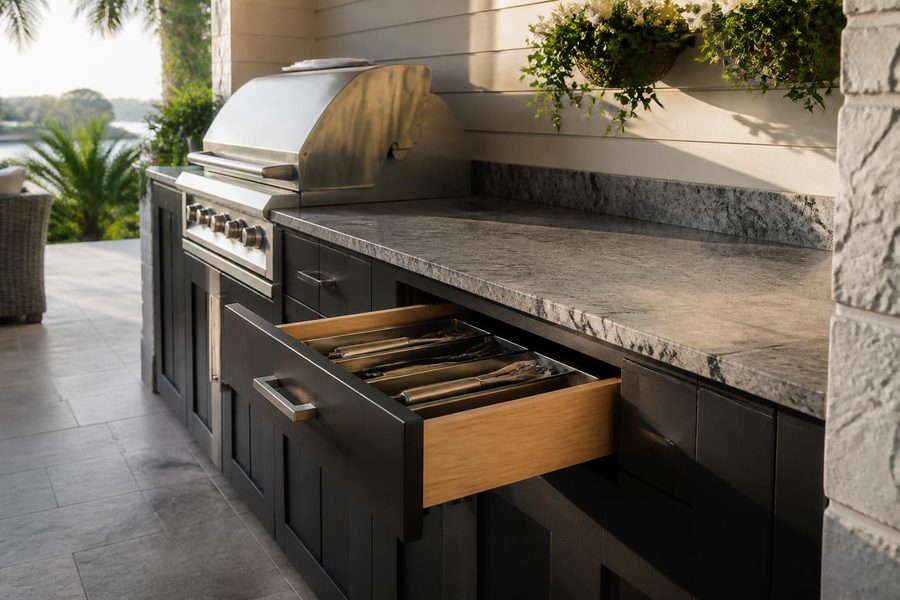 Open utensil drawer in dark cabinets beside a built-in grill and granite countertop on a patio