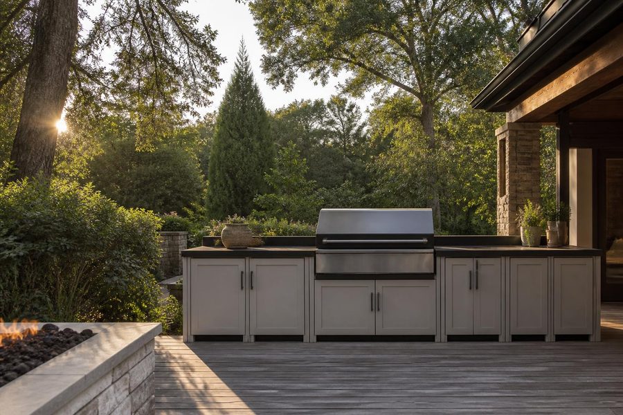 Marine-grade polymer outdoor kitchen cabinet run on a landscaped Central Florida backyard patio with a built-in grill module