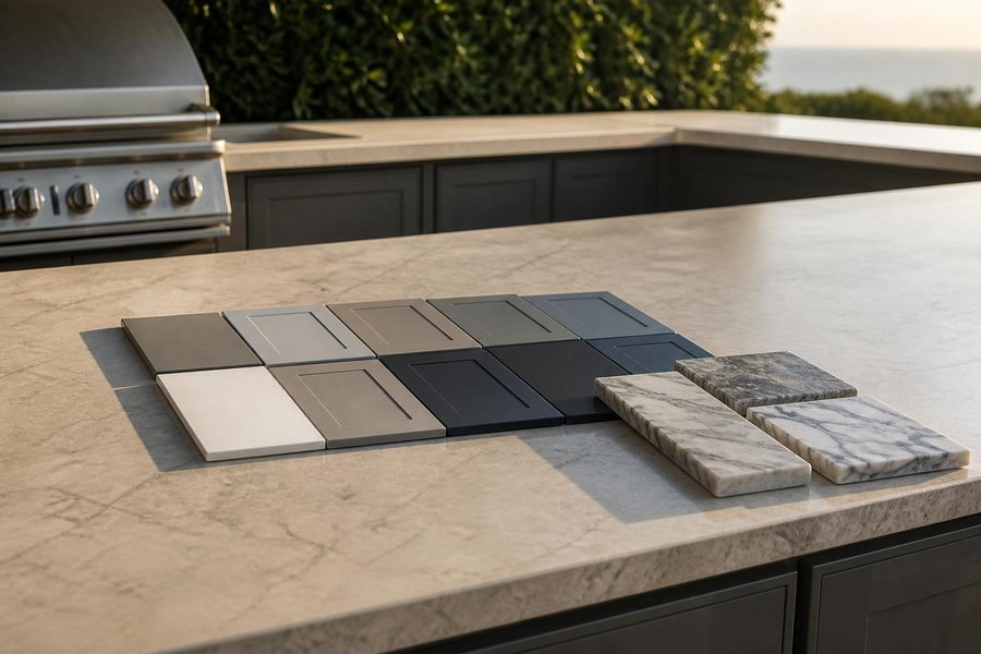 Cabinet door color samples and stone countertop samples laid out on an outdoor kitchen counter beside a built-in grill