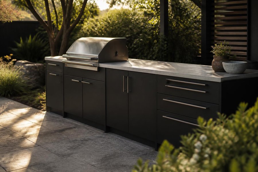 Planning an Outdoor Kitchen Cabinet Layout for a Sanford Home: Cabinet Layout Near Established Landscaping
