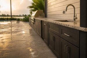 Dark shaker cabinets with a granite counter, sink and built-in grill along a wet patio beside a pool