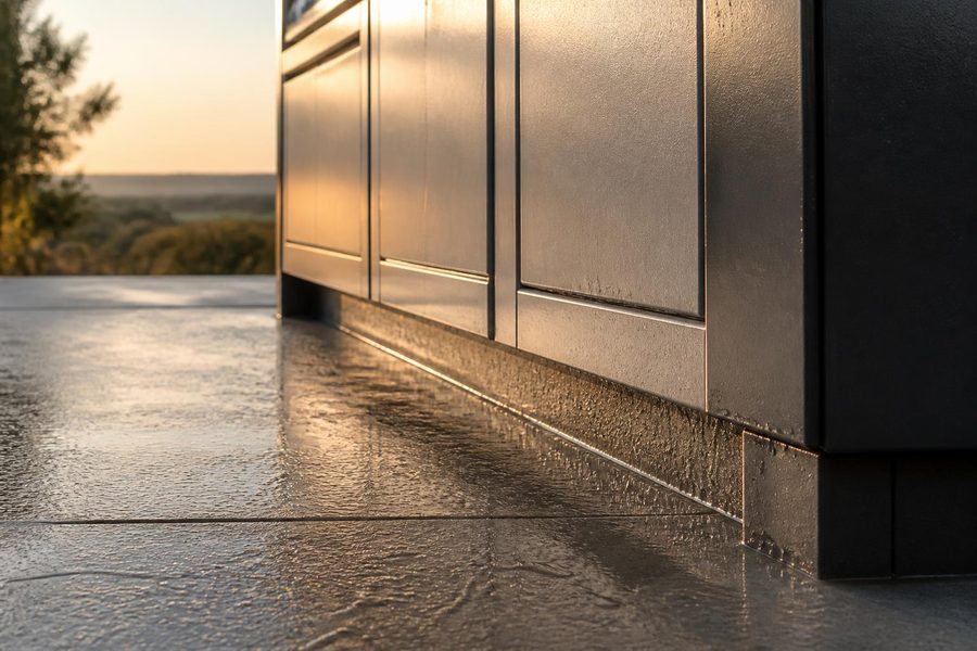 Outdoor kitchen cabinet base sitting on a sloped concrete patio slab with water draining away from the toe kick area