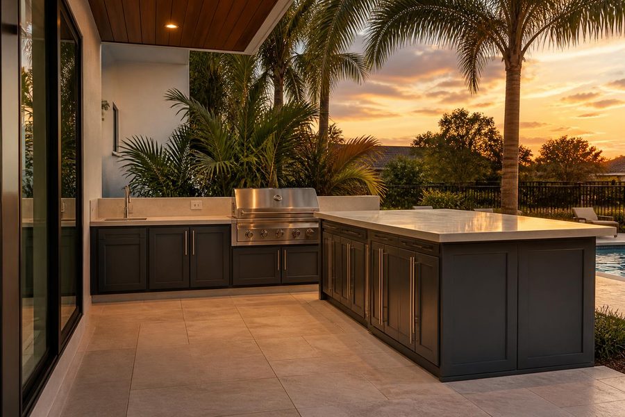 L-shaped dark charcoal outdoor kitchen with a built-in grill, sink and island beside a pool at sunset