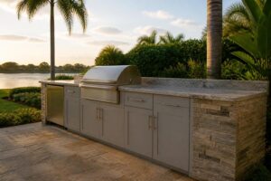 Light gray shaker cabinets with a built-in grill, granite counter and stainless undercounter unit beside a lake at sunset