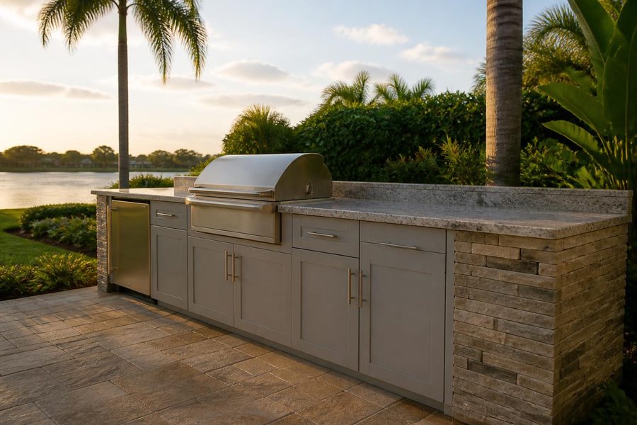 Light gray shaker cabinets with a built-in grill, granite counter and stainless undercounter unit beside a lake at sunset