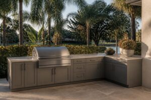 L-shaped run of gray shaker-style outdoor kitchen cabinets with a built-in grill, potted plants, palm trees and a pond behind