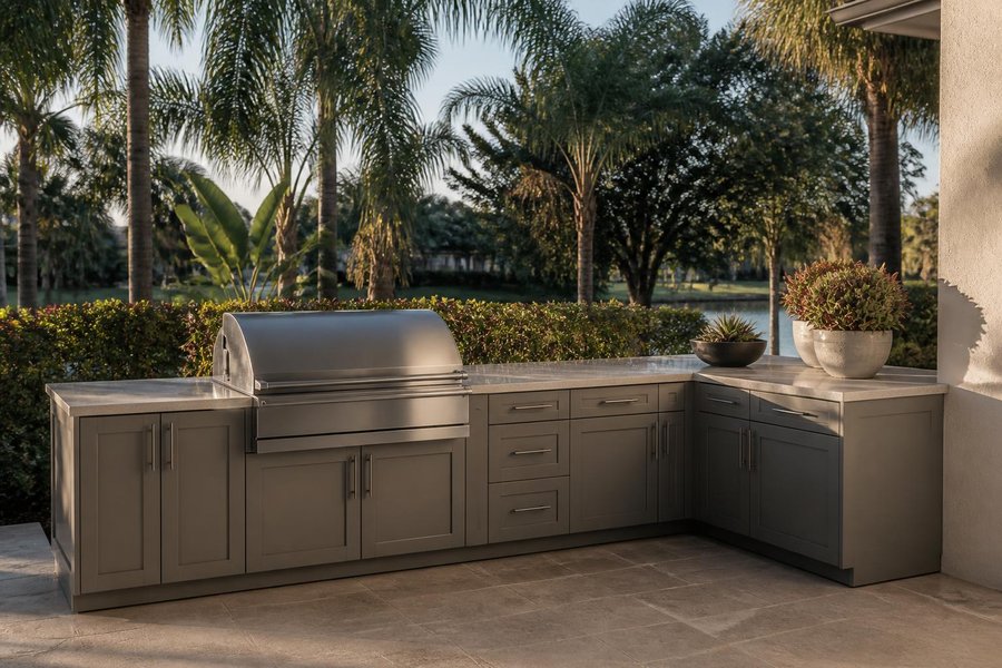L-shaped run of gray shaker-style outdoor kitchen cabinets with a built-in grill, potted plants, palm trees and a pond behind