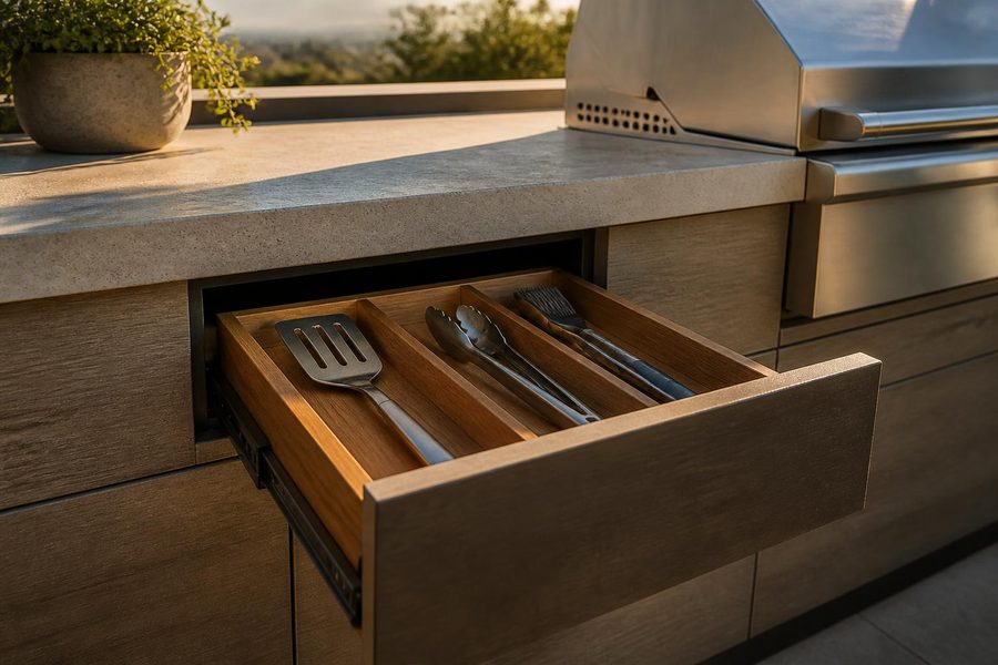 Open outdoor kitchen cabinet drawer with grill tongs, spatulas, and a basting brush organized in dividers beside a built-in grill