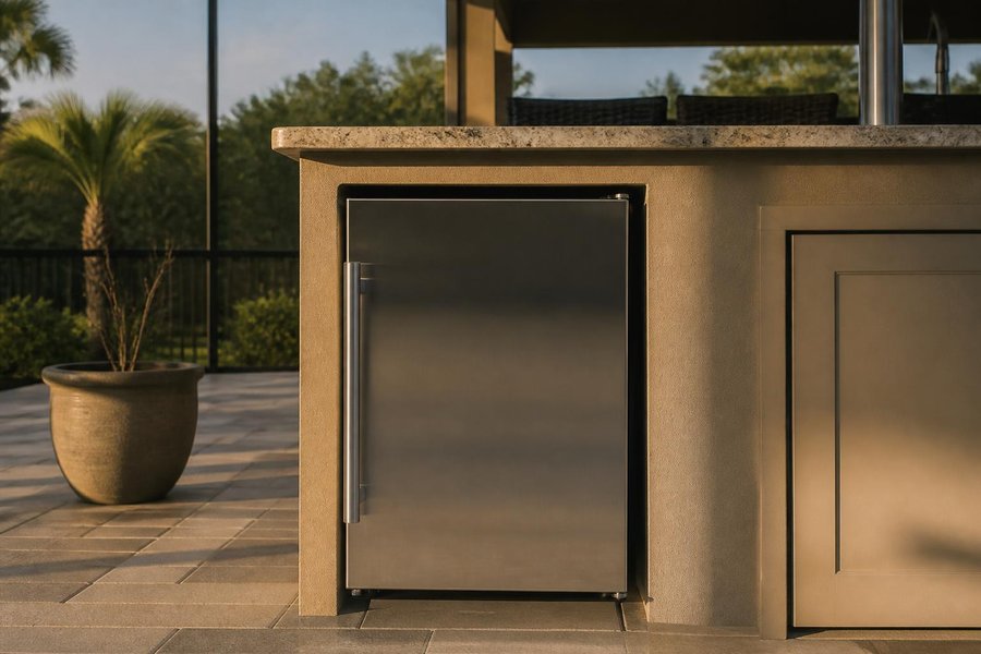 Stainless steel outdoor refrigerator built into a stucco cabinet base with a granite countertop on a screened patio