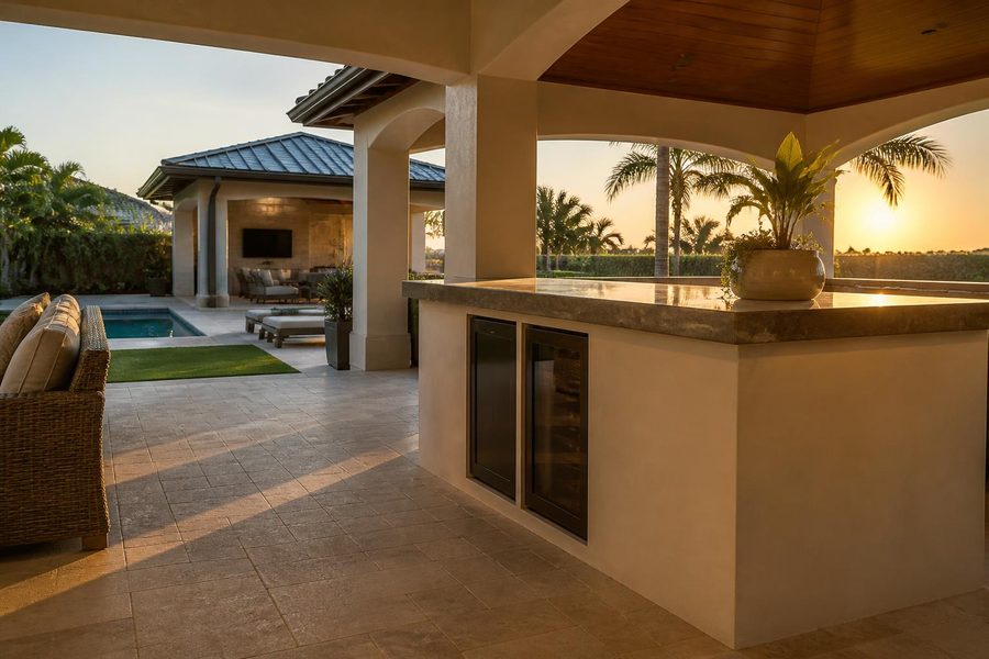 Outdoor kitchen island with a beverage cabinet zone and open serving counter set apart from the cooking area