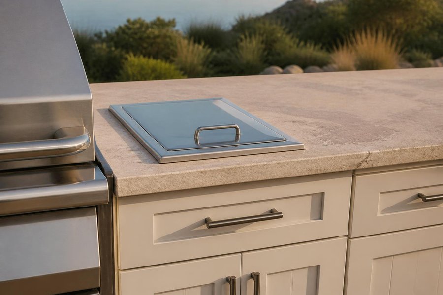 Closed stainless steel lidded unit set into a stone countertop beside a built-in grill, above cream shaker-style drawers