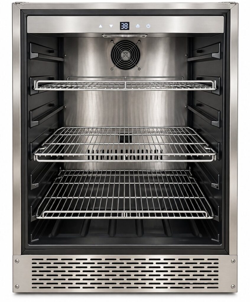 Inside a 24-inch outdoor refrigerator with three wire shelves and a digital display