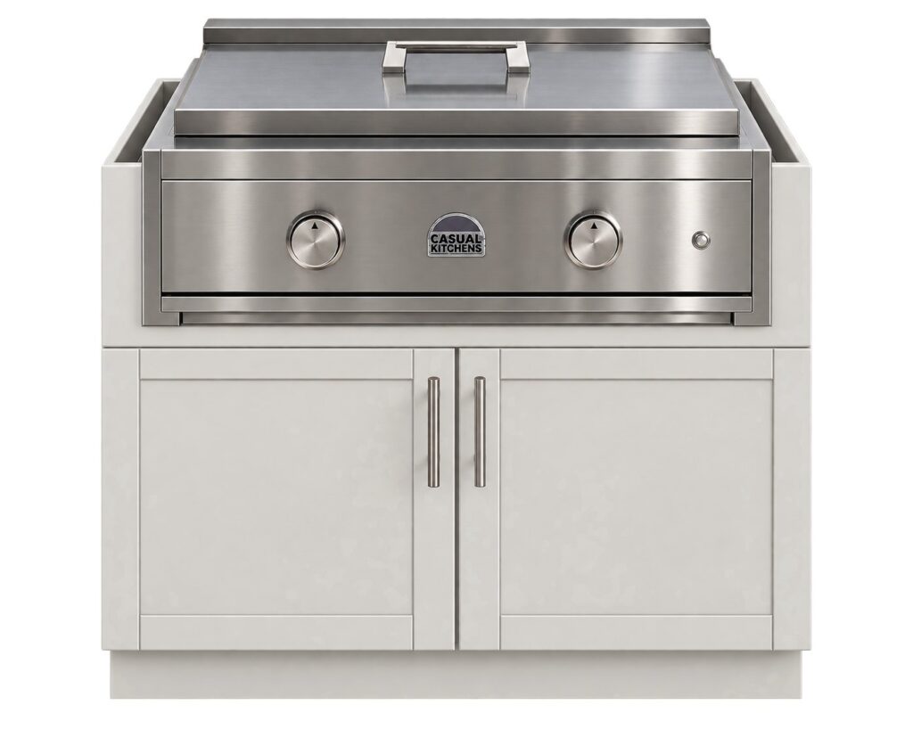 30-inch built-in griddle installed in a white HDPE outdoor kitchen cabinet
