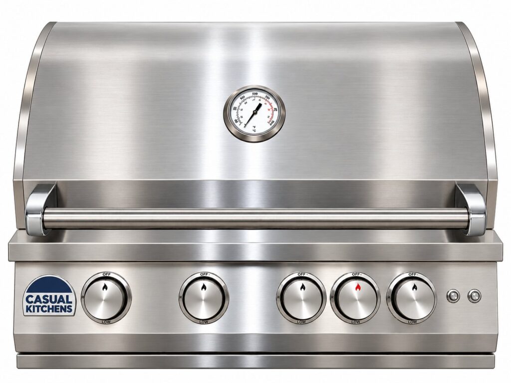 32-inch built-in gas grill with 4 burners and illuminated control knobs