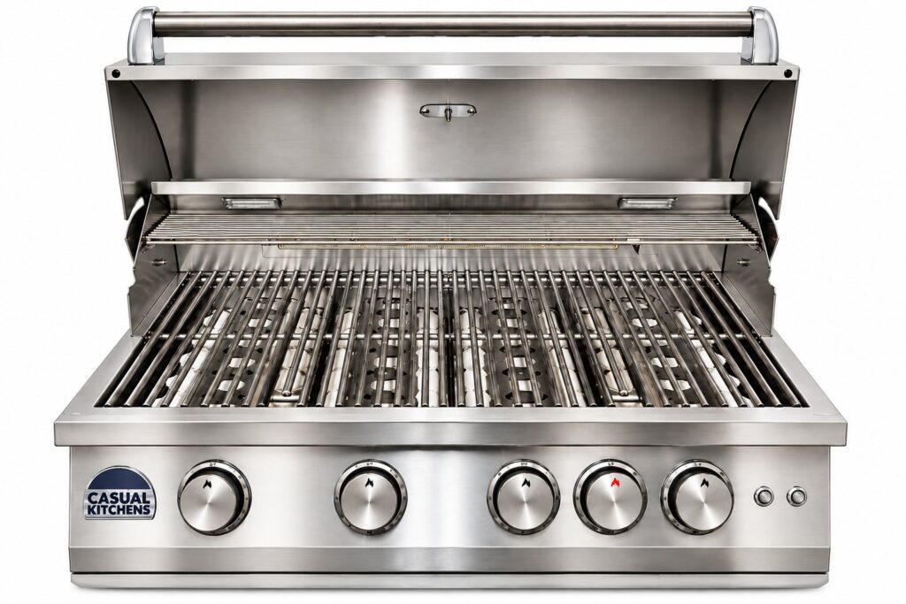 32-inch built-in grill with the hood open showing stainless steel cooking grates