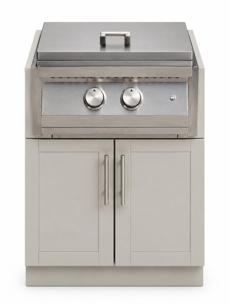 Built-in power burner with stainless lid installed in an HDPE outdoor kitchen cabinet